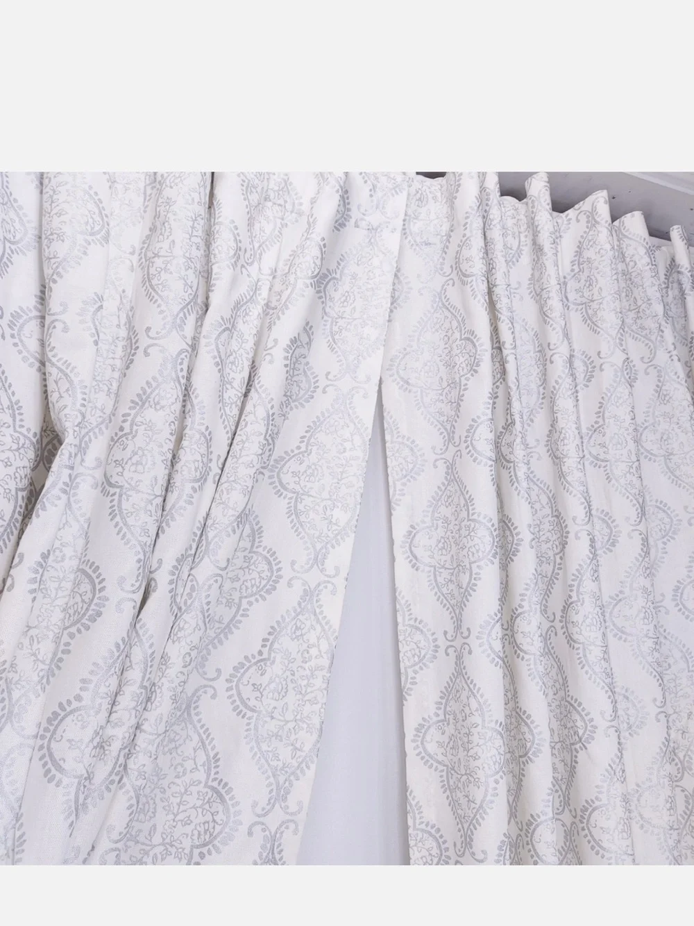 Tahari White Curtains with Silver Gray Damask Scrolls 52”x90” set of 2